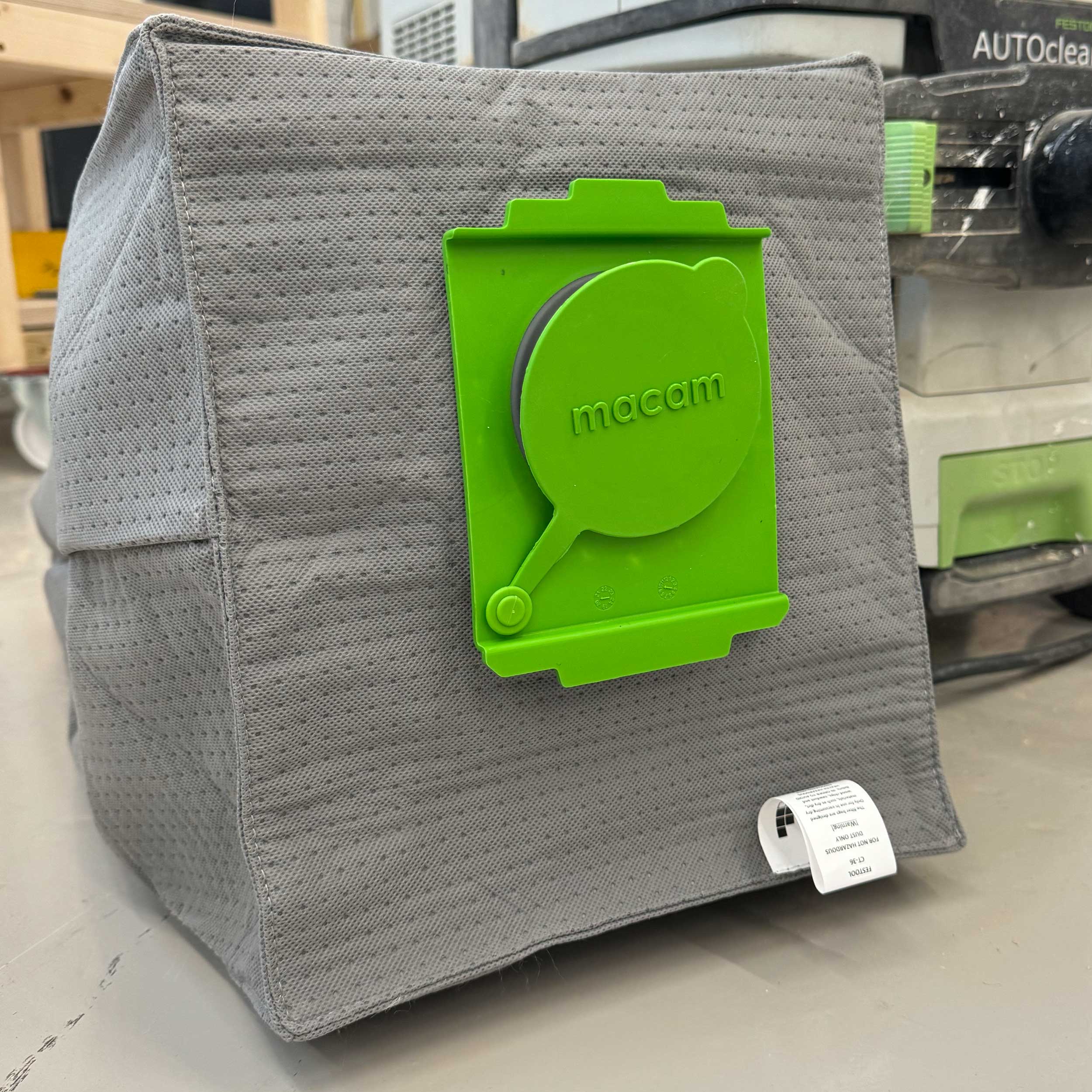 Reusable dust bag for Festool CLEANTEC 36 laid flat showing full bag shape